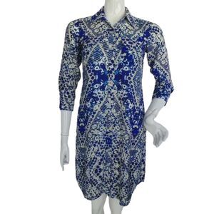 CABI Shirt Dress, XS, Blue, white, Convertible sleeves, Geo print, Pockets, #422